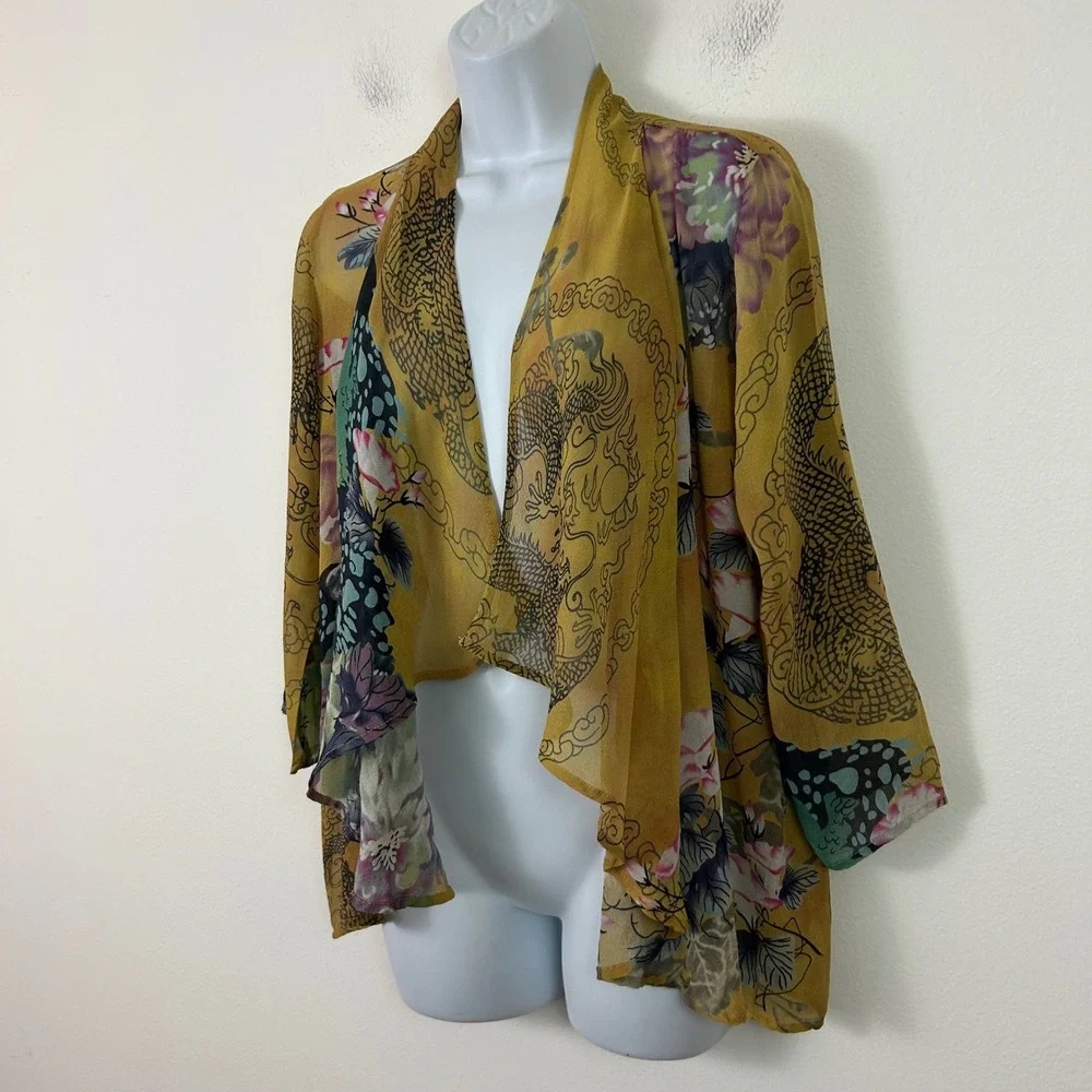 Citron Santa Monica 100% Silk Dragon Floral Open Front Kimono Cardigan Small